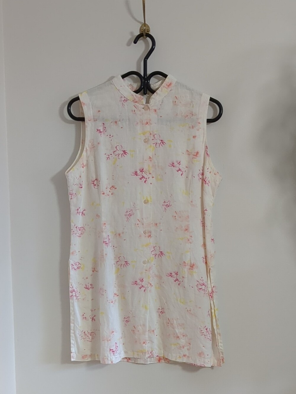 Sleeveless Linen Tunic in White with Pink & Yellow Print